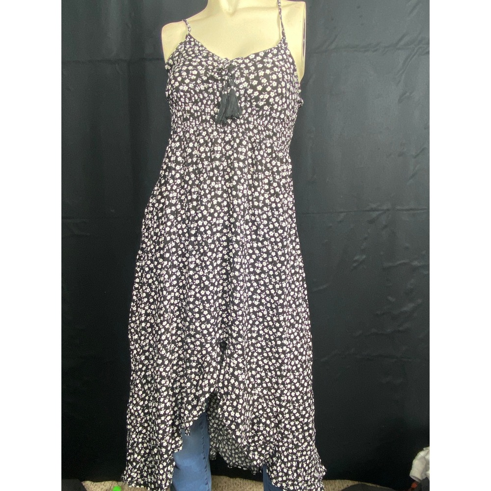 Floral Print High Low Maxi Dress Sleeveless Black White Summer Casual Size M
